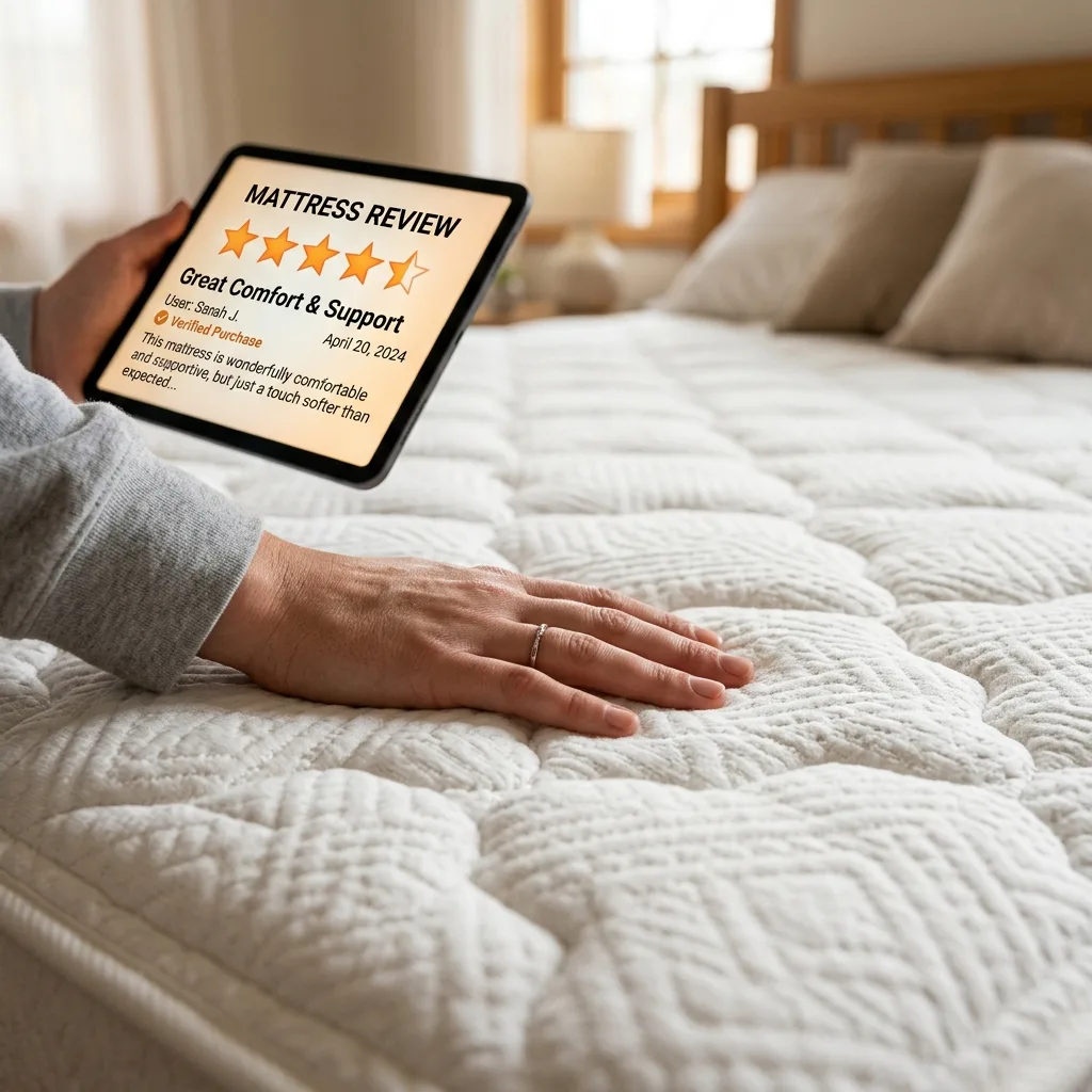 Matrace Market Recenze: Skutečné zkušenosti a na co si dát pozor 1 Zákazník čtoucí recenze matrací na tabletu u nové matrace